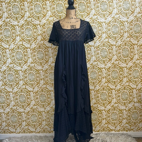 NWOT Free People Bring The Romance Black Lace Ruffle Babydoll Midi Dress size XS - Picture 5 of 12